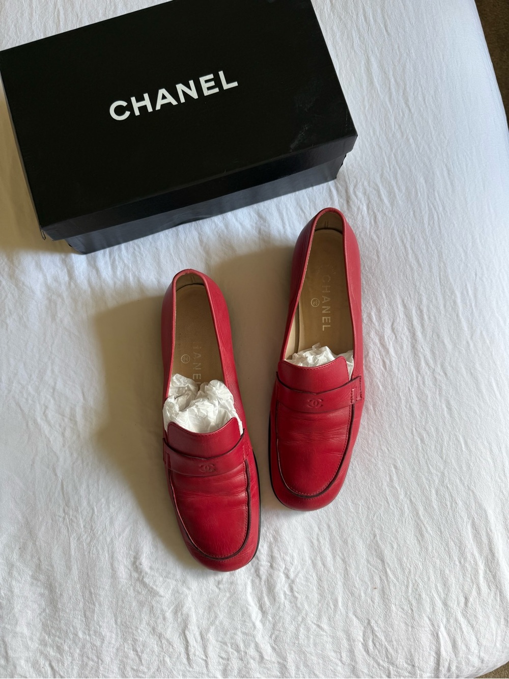 CHANEL Vintage Red Leather Penny Loafers Flats, 2001 Collection. Archive